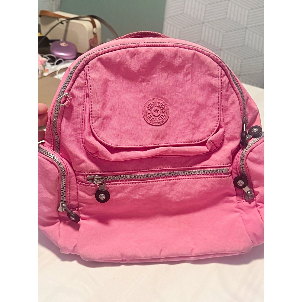Kipling Pink Nylon Backpack Zip Closure Adjustable Straps "Daniella" Embroidery